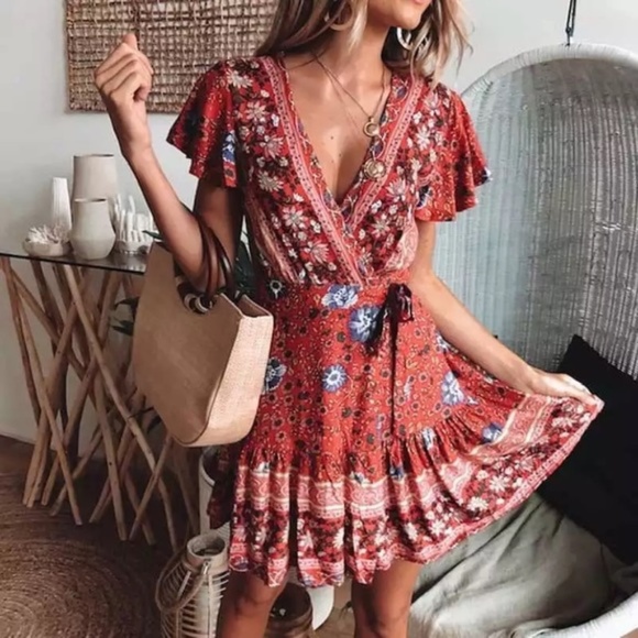 SOLD OUT Red Boho Floral Gypsy Wrap Short Sleeve Mini Dress - Picture 2 of 5